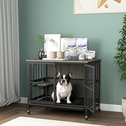 NicBex Dog Crate Furniture Dog Cage with 360 Degree Rotation Height Adjustable Feeding Bowls