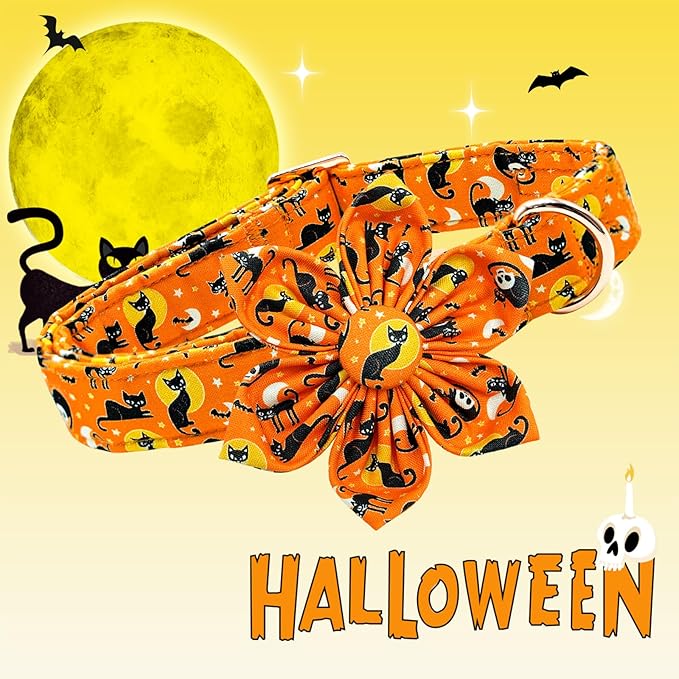 Lionheart glory Premium Halloween Dog Collars Flower Dog Collar Heavy Cotton Adjustable Fall Dog Collar for Medium Dogs Cat Print Dog Collar Flower Dog Collar with Bow Tie