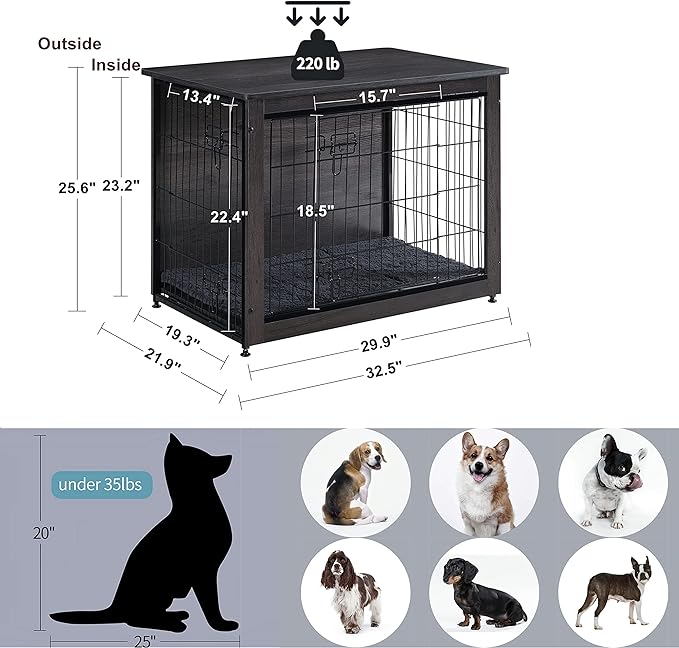 DWANTON Dog Crate Furniture with Cushion 32.5" L,