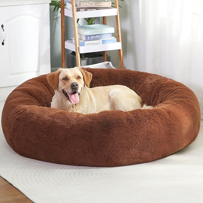 45" Calming Dog Bed with Removable Cover,Anti Anxiety Donut Dog Bed,Plush Round Pet Beds for Extra Large Dogs,Fluffy Faux Fur Dog Bed,Washable Cuddler Dog Bed(Brown,XL)