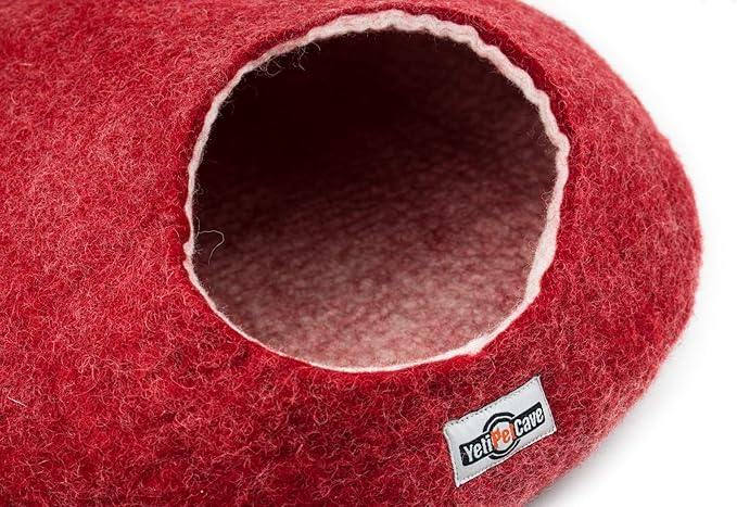 Yeti Pet Cave Pet Bed for Cats and Small Dogs, 100% New Zealand Wool, Red