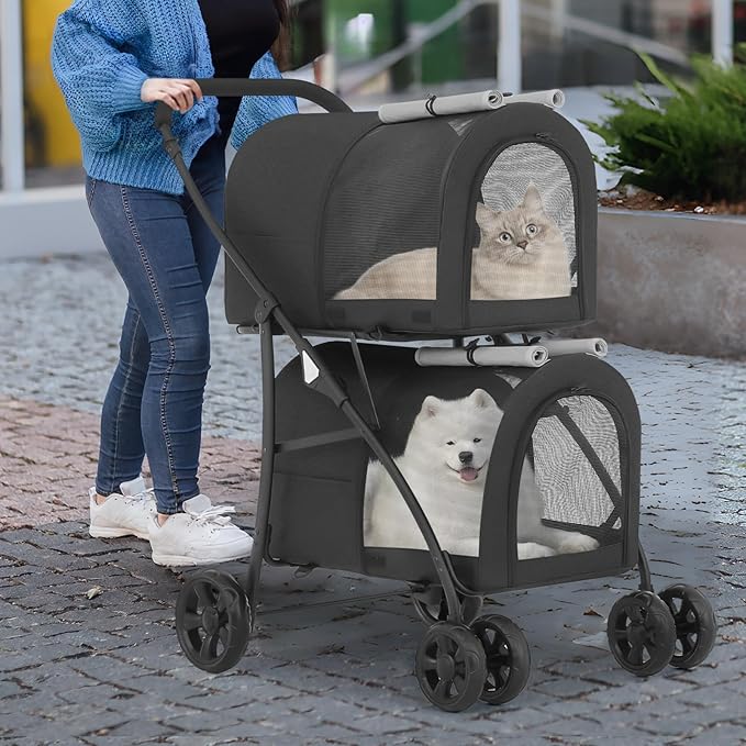 MoNiBloom Double Dog Stroller with Detachable Carrier Bags Large 4 Wheels Foldable Jogger for Small and Medium Dog Cats, Black/Gray