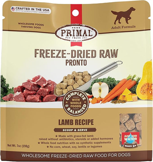 Primal Freeze Dried Dog Food Pronto, Lamb; Scoop & Serve, Complete & Balanced Meal; Also Use as Topper or Treat; Premium, Healthy, Grain Free, High Protein Raw Dog Food (7 oz)