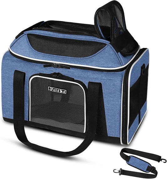 Petskd Top-Expandable Pet Carrier 17x13x9.5 Inches Southwest Allegiant Airline Approved, Soft-Sided Carrier for Small Cats and Dogs with Locking Safety Zippers and Anti-Scratch Mesh(Blue)