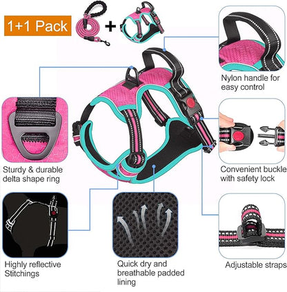 tobeDRI No Pull Dog Harness Adjustable Reflective Oxford Easy Control Medium Large Harness with A Free Heavy Duty 5ft Leash