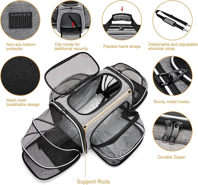 Estarer Soft Sided Pet Carrier Airline Approved, 4 Sides Expandable Collapsible Cat Carrier with Pockets & Removable Fleece Pad, Travel Carrier Bag for Cat Dog & Small Animals (Grey)