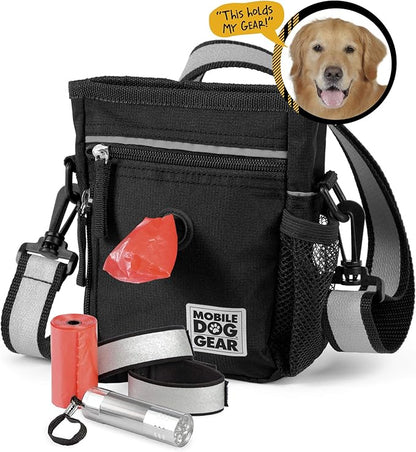 Mobile Dog Gear Dog Walking Fanny Pack (6"x7", Black) - Dog Training Treat Pouch with Poop Bag Dispenser & Bags, 2 Reflective Wrist Straps, Adjustable Shoulder Strap, Flashlight, Water Bottle Pocket