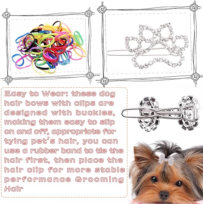 PET SHOW 10pcs Crystal Small Dogs Hair Clips 200pcs Rubber