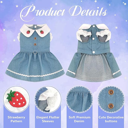 Denim Dog Dress for Small Dogs Cats Cute Girl Dog Clothes Cute Strawberry Female Pet Dresses Spring Summer Pet Outfits for Chihuahua Yorkie Shih Tzu(Light Blue,X-Large)