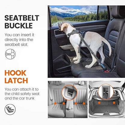 IOKHEIRA Dog Seatbelt, Updated Adjustable Harness Reflective Bungee Dog Car Seat Belt with Aviation Aluminum Alloy Rotatable Carabiner, Hook & Buckle