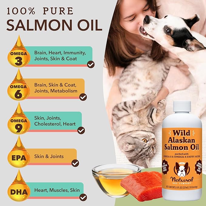 Natural Dog Company Pure Wild Alaskan Salmon Oil for Dogs (8oz) Skin & Coat Supplement for Dogs, Dog Oil for Food with Essential Fatty Acids, Fish Oil Pump for Dogs, Omega 3 Fish Oil for Dogs