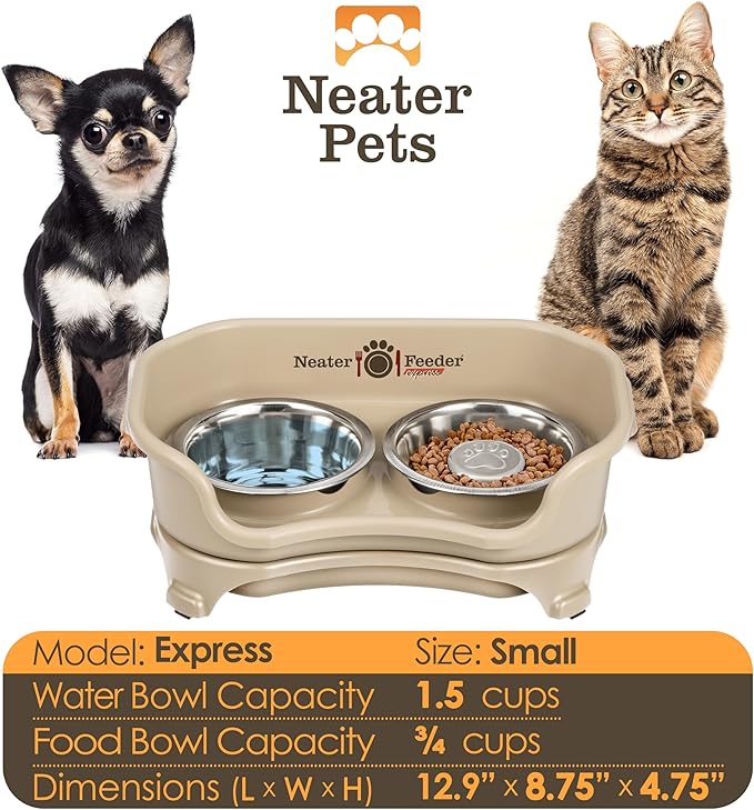 Neater Feeder - Express Model w/Slow Feed Bowl - Mess-Proof Dog Bowls (Small, Almond) Made in USA – Elevated, No Spill, Non-Tip, Non-Slip, Raised Stainless Steel Food/Water Pet Bowls Aid Digestion