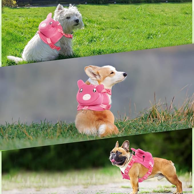 Dog Harness with Backpack No Pull Pet Harness Vest, Cute Pink Pig Dog Saddle Bag Adjustable Mesh Dog Carrier Backpacks for Hiking Training and Daily Walking, Dog Carriers for Small Medium Dogs