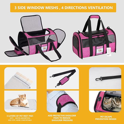 Pet Carrier - Airline Approved for Small Dogs, Cats, Kittens Under 15lb - Collapsible Soft Sided TSA Cat Travel Carrier in Red