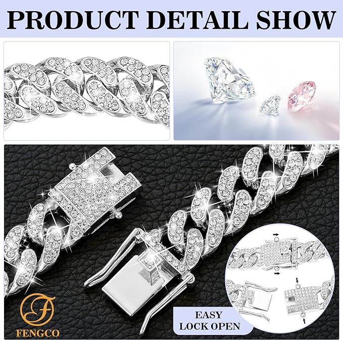 Silver Dog Chain Collar Diamond Cuban Link Dog 13mm Wide Cats(12inch)