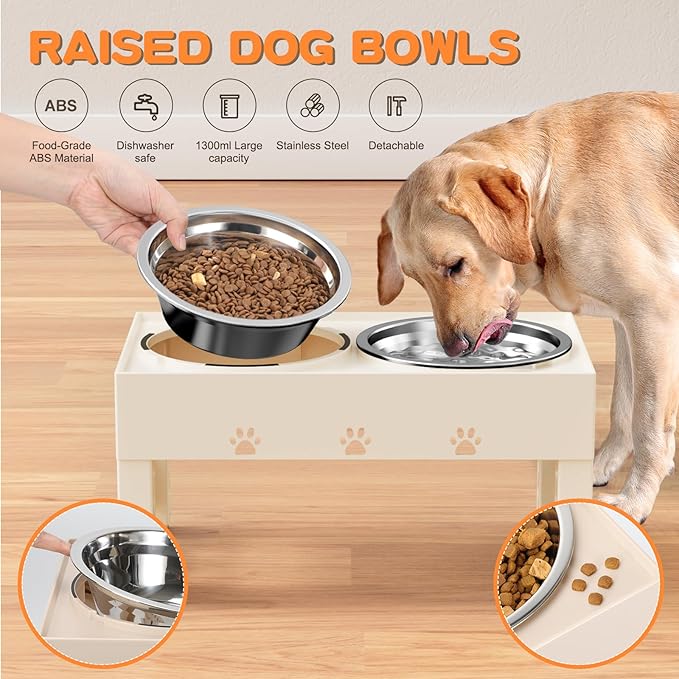 Elevated Dog Bowls 5 Height Adjustable Non-Slip Stand Adjusts to 3.1", 9", 10", 11", & 12" with 2 Stainless Steel Raised Dog Food Bowl for Medium Large Dogs and Pets (Almond)