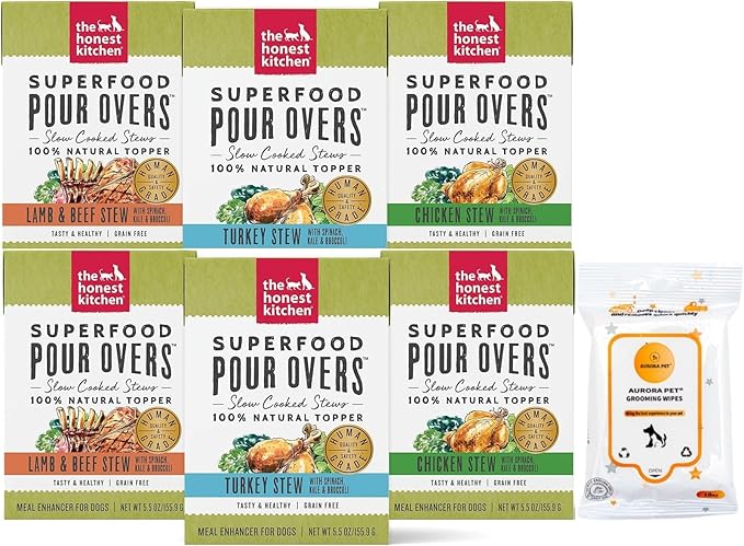 Variety Pack (6) Honest Kitchen Superfood Pour Overs Wet Toppers for Dogs (2) Lamb & Beef (2) Turkey (2) Chicken (5.5-oz Each) with AuroraPet Wipes