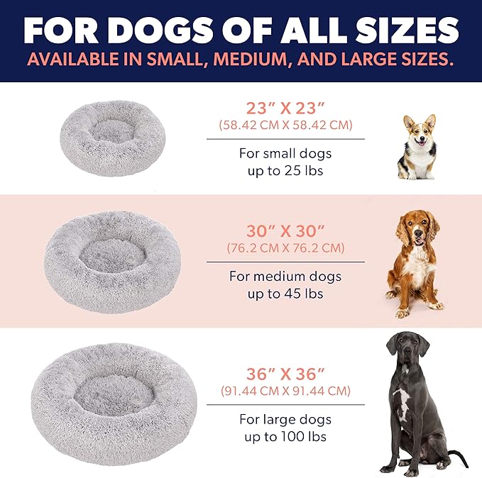 Active Pets Plush Calming Donut Dog Bed - Anti Anxiety Bed for Dogs, Soft Fuzzy Comfort - for Large Dogs, Fits up to 100lbs, 36" x 36" (Large, Light Grey)