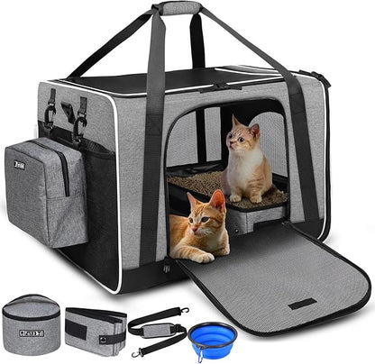 Petskd Large Pet Carrier 24"x17"x17" for Large Cats, Pet Carrier for 2 Cats or Medium Dog, Cat Carrier for Car Travel with Litter Box and Bowl, Cat Soft Carrier with Locking Safety Zipper