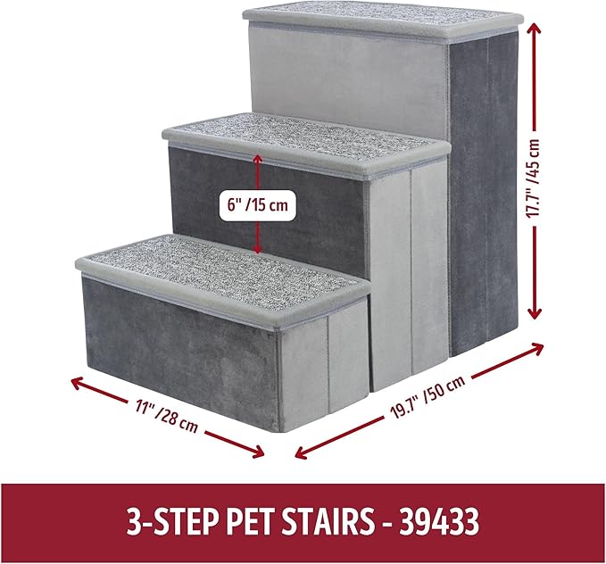 TRIXIE Velour 3-Step Pet Stairs with Storage, Collapsible, Storage Compartments for Pet Toys,Gray