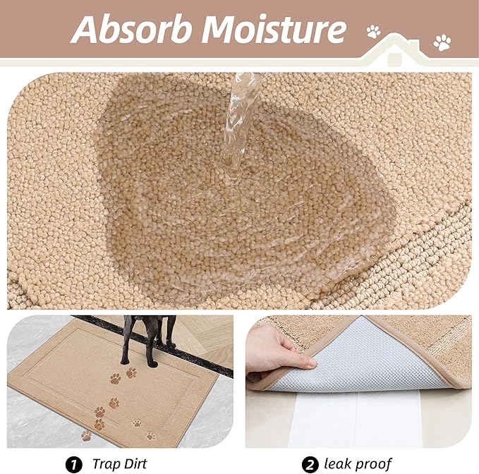 BEQHAUSE Dog Door Mat for Muddy Paws Dirt Trapper Absorbent Indoor Door Mats Non-Slip Washable Entryway Rug Low-Profile Welcome Dog Mat Polyester Mud Mat for Dogs and Wet Shoes 24"x36"