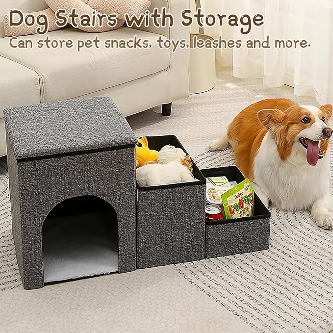 Fhiny Dog Stairs with Storage 3-Steps Foldable 160 lbs
