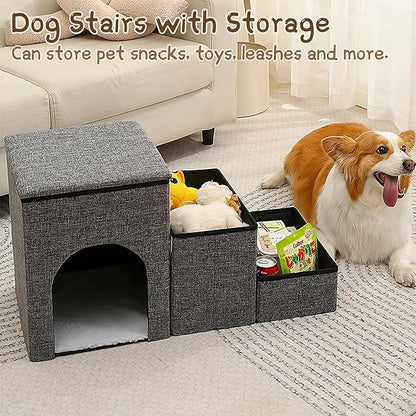 Fhiny Dog Stairs with Storage 3-Steps Foldable 160 lbs