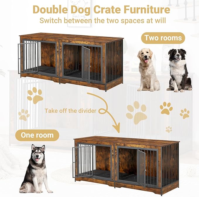 Rovibek 75'' Double Dog Crate Furniture for 2 Large Dogs