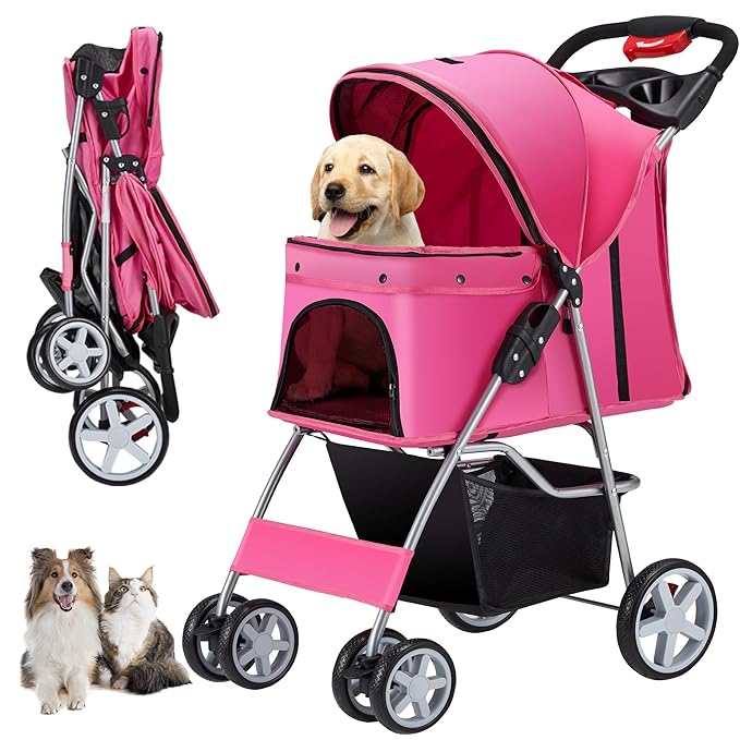 4 Wheels Pet Stroller for Small Medium Dogs Cats 33 lbs