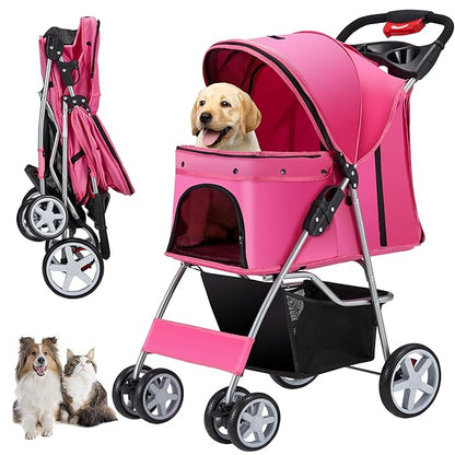 4 Wheels Pet Stroller for Small Medium Dogs Cats 33 lbs