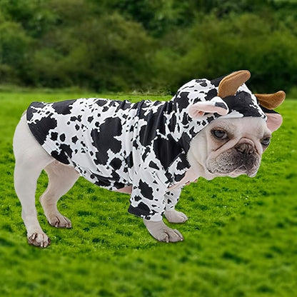 DELIFUR Dog Halloween Cow Costume - French Bulldog Adorable Cow Holiday Outfit Cute Hoodie Halloween Cosplay Animal Costume for Small Medium Dog (Cow, Back: 15.5")