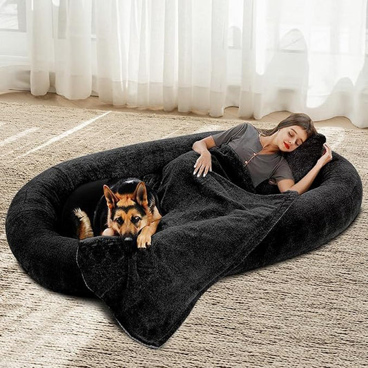 WhatsBedding Large Human Dog Bed 72"x48"x10" Human Size Dog Bed for People Adults,Soft Fur Oval Nap Beanbag Bed for Adults and Pets with Soft Fur Cover, Black