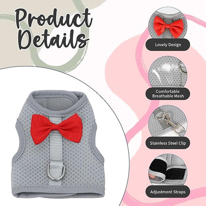 AIITLE Rabbit Harness and Leash Set with Cute Bow, Soft Breathable Mesh Vest Harness for Rabbits Kitten Ferret Puppy Small Pets Walking Supplies Grey L