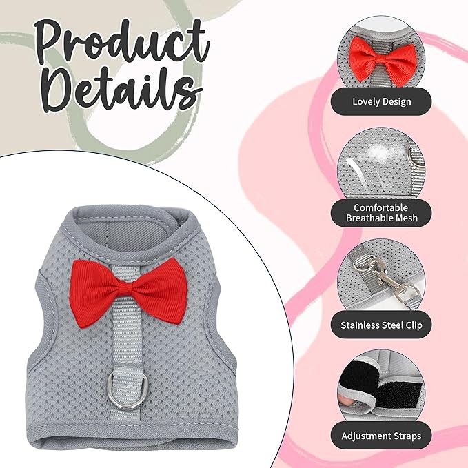 AIITLE Bunny Harness and Leash Set with Cute Bow, Soft Breathable Mesh Vest Harness for Rabbits Kitten Ferret Small Pig Puppy Walking Supplies Grey M