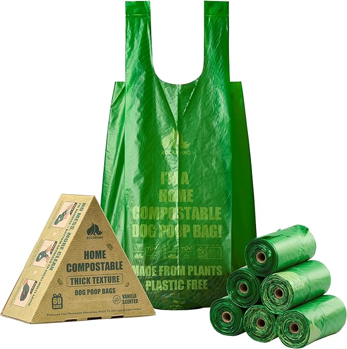 100% Home Compostable Dog Poop Bags With Handles 33% Thicker 8x Protection 60 Bags)