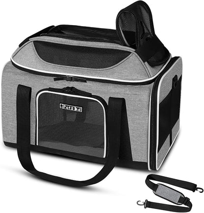 Petskd Top-Expandable Pet Carrier 17x11x9.5 Inches Alaska Airline Approved, Soft-Sided Carrier for Small Cats and Dogs with Locking Safety Zippers and Anti-Scratch Mesh(Grey)