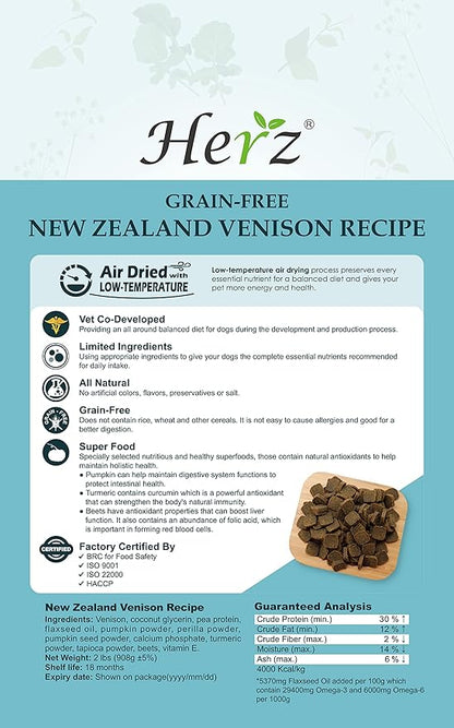 Herz Air-Dried Dog Food – New Zealand Venison Recipe 2 lb, Single Pure-Meat, Grain Free, All Natural, High Protein, Limited Ingredients