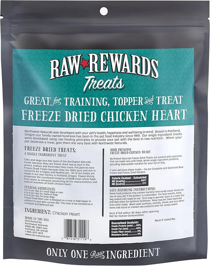 Northwest Naturals Raw Rewards Freeze-Dried Chicken Heart Treats for Dogs and Cats - Bite-Sized Pieces - Healthy, 1 Ingredient, Human Grade Pet Food, All Natural - 10 Oz (Packaging May Vary)