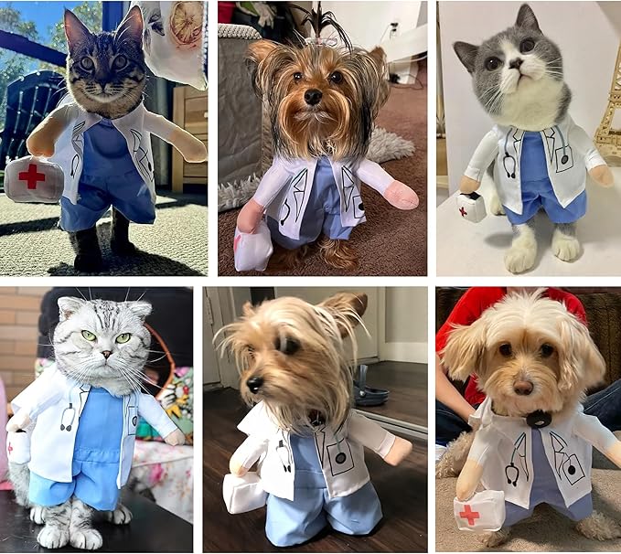 Dog Doctor Costume Outfit Doctor Coat Pet Cat Clothes Halloween Dog Costumes for Small Medium Puppy Kitten Party Cosplay Dress Up (X-Large), White