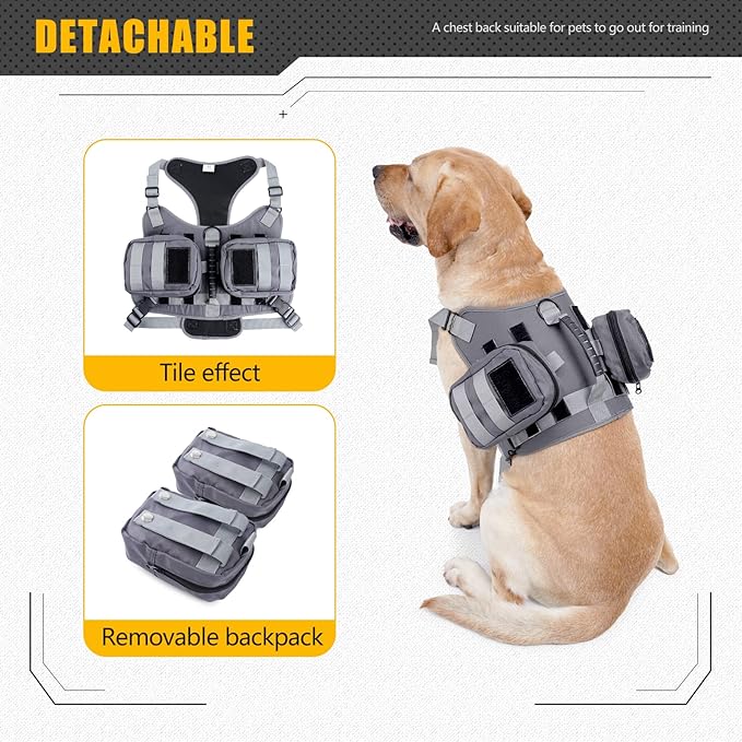 ROZKITCH Dog Backpack for Medium & Large Dogs Outdoor Hiking Camping, Dog Saddle Bag with Side Pockets & Adjustable Strap, Pet Harness Tactical Pack for Hunting Training Running Walk Travel Grey M