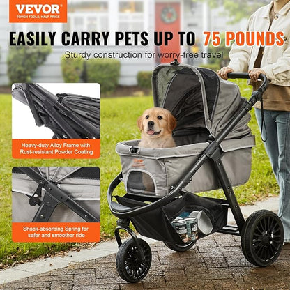 VEVOR Large Pet Stroller for Dogs Cats up to 75lbs 3 Wheels