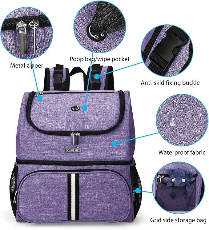 BAGLHER Pet Travel Bag, Double-Layer Pet Supplies Backpack (for All Pet Travel Supplies), Pet Travel Backpack with 2 Silicone Collapsible Bowls and 2 Food Baskets Purple