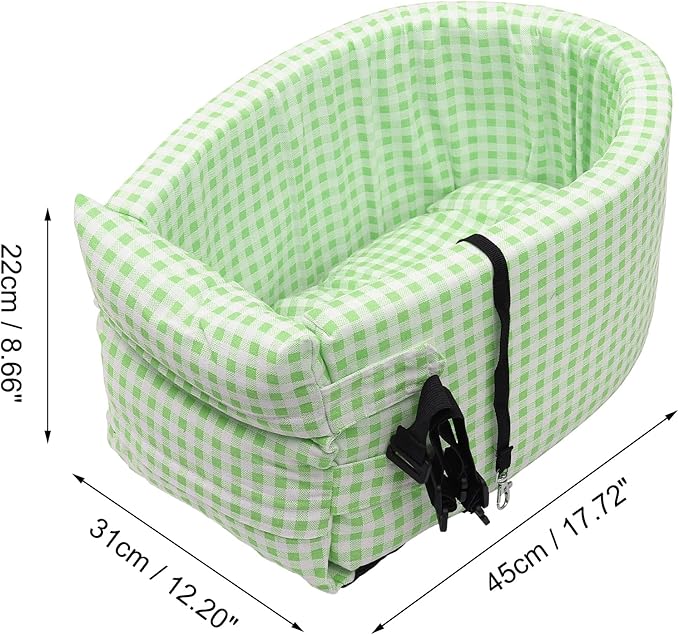 X AUTOHAUX Plaid Style Dog Car Seat Adjustable Straps for Medium Small Sized Puppy Cat Seat Pets Soft Non Slip Bottom Travel Bed Green White