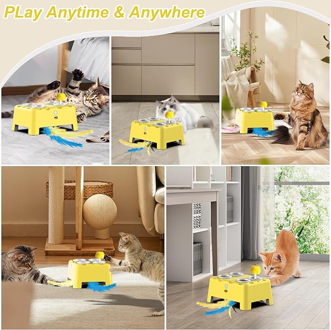 Interactive Cat Toys, 2-in-1 Automatic Cat Toy, 4 Holes Mice Whack A Mole Cat Mouse Toy with Moving Feather, Portable USB Rechargeable Electronic Kitten Toys (Yellow)