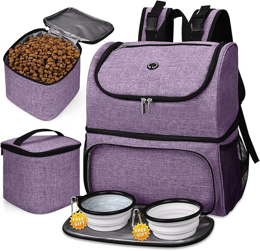 BAGLHER Pet Travel Bag, Double-Layer Pet Supplies Backpack (for All Pet Travel Supplies), Pet Travel Backpack with 2 Silicone Collapsible Bowls and 2 Food Baskets Lavender