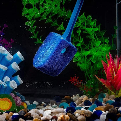 Quluxe 15.74 Inch Aquarium Algae Scraper Double Sided Sponge Brush Cleaner, Long Handle Fish Tank Scrubber for Glass Aquariums and Home Kitchen- Blue