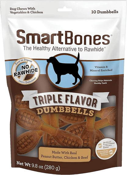 SmartBones Triple Flavor Dumbbells, 10 Count, Rawhide-Free Chews for Dogs, Made with Real Peanut Butter, Chicken and Beef