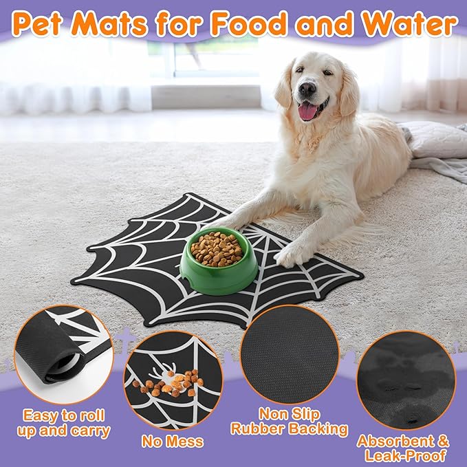 Pet Mats for Food and Water Dog Cat Food Mats Pet Feeding Mat Anti-Slip No Stains Quick Dry Floors Waterproof Placemat for Pet Food Water Bowl Mat Pet Accessories - 23.6"x15.7" Spider Web