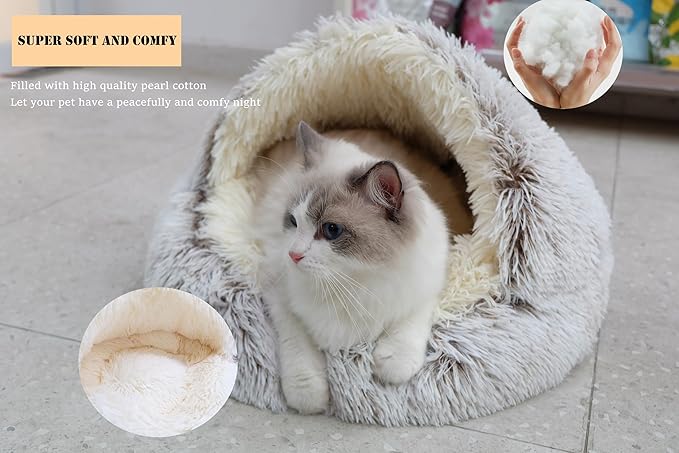 Calming Round Dog Beds &Cat Cave Bed with Hooded Cover 25.6X 25.6inch)