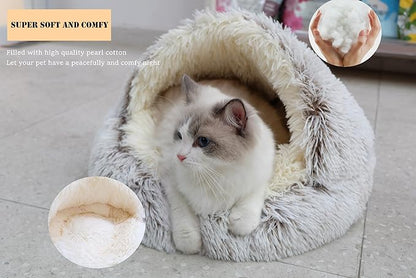 Calming Round Dog Beds &Cat Cave Bed with Hooded Cover 25.6X 25.6inch)